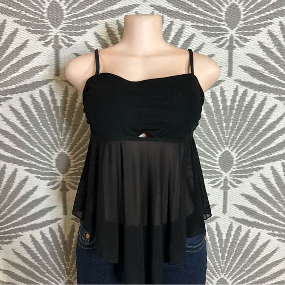 B2Prity Other - Sheer Mesh Asymmetrical Cutout Swim Top Tankini Black Flowy Babydoll Y2K Sz L